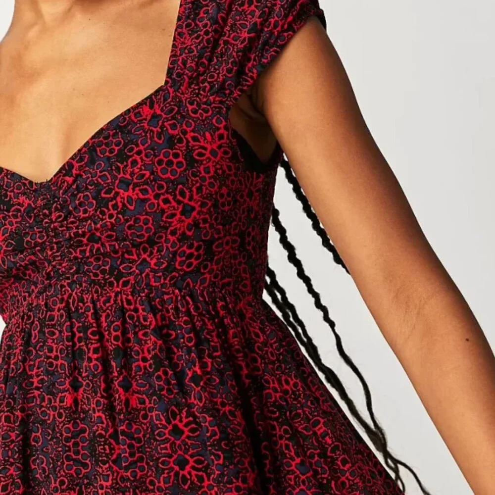 Free People Tabitha Floral Sweetheart Neck Cap Sleeve Babydoll Mini Dress M NWT